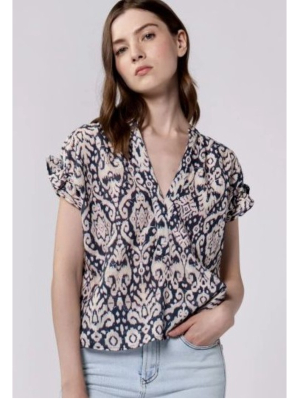 DEAR JOHN Julia Novelty Paisley Ikat Print Blouse Ruched sleeve & Back XS - Picture 2 of 7
